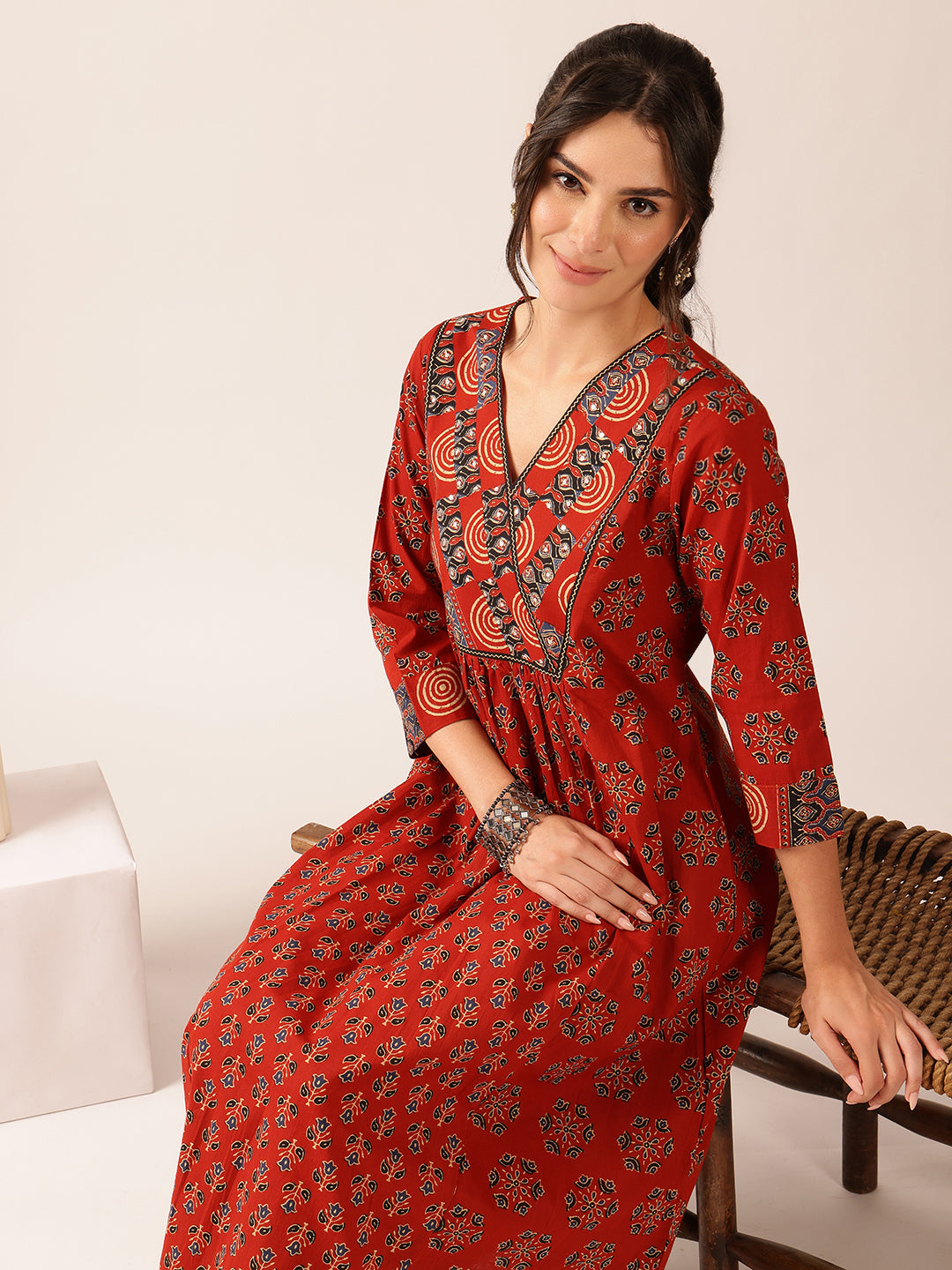 Maroon Floral A-Line Cotton Stitched Kurta