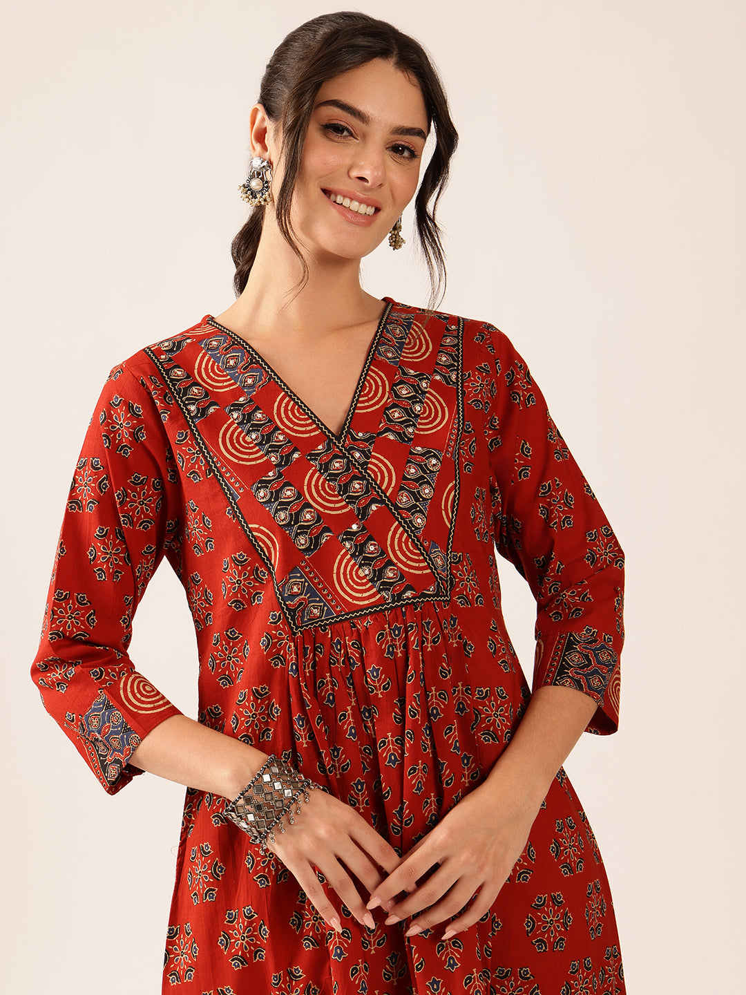 Maroon Floral A-Line Cotton Stitched Kurta