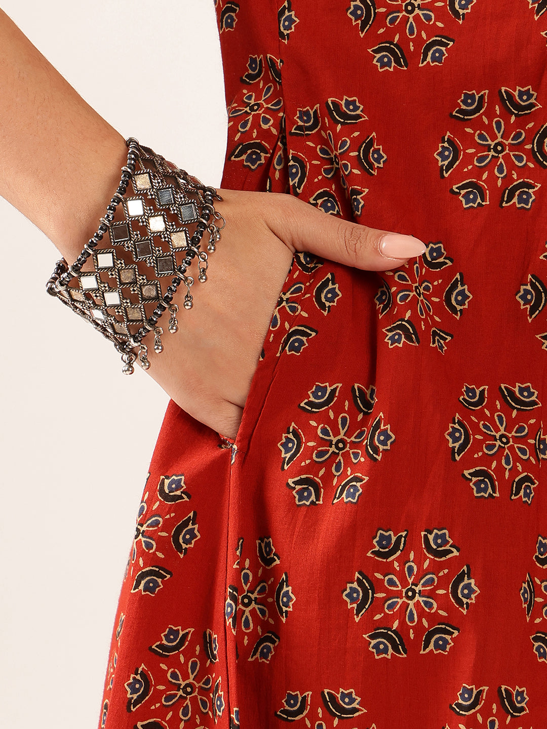 Maroon Floral A-Line Cotton Stitched Kurta