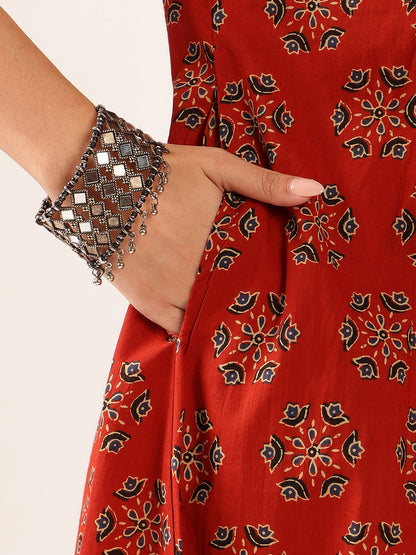 Maroon Floral A-Line Cotton Stitched Kurta