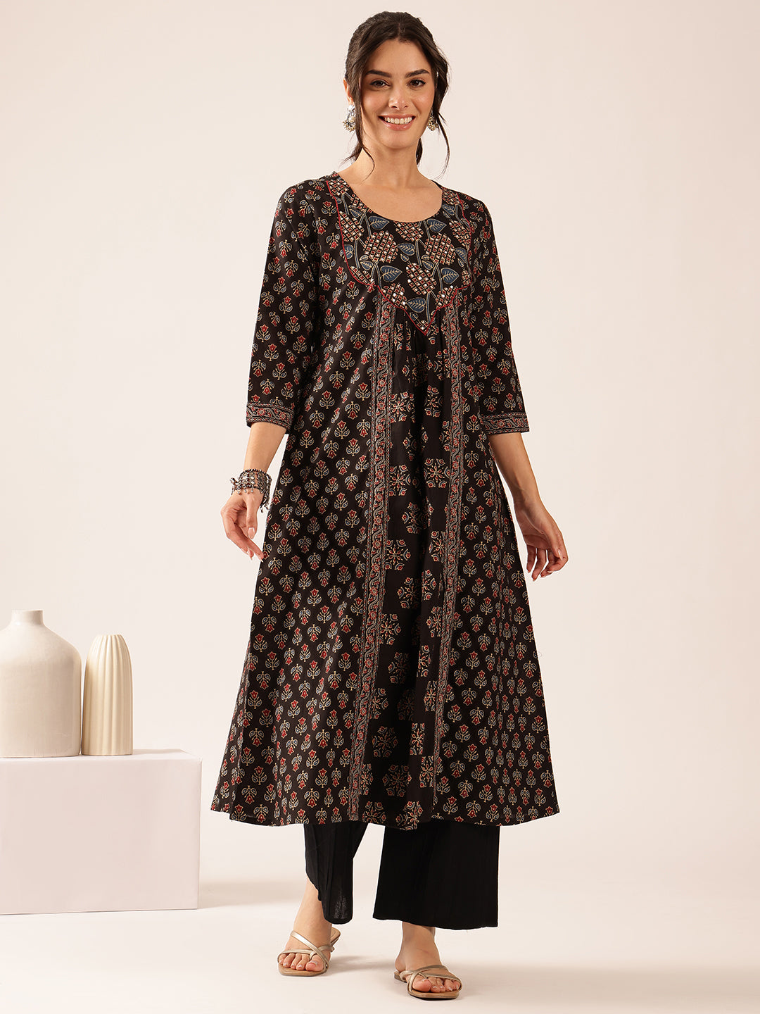 Black Floral A-Line Cotton Stitched Kurta