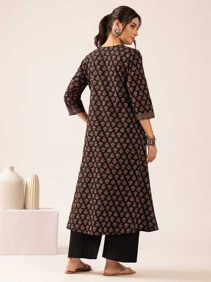 Black Floral A-Line Cotton Stitched Kurta