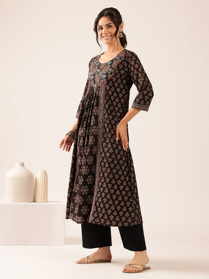 Black Floral A-Line Cotton Stitched Kurta