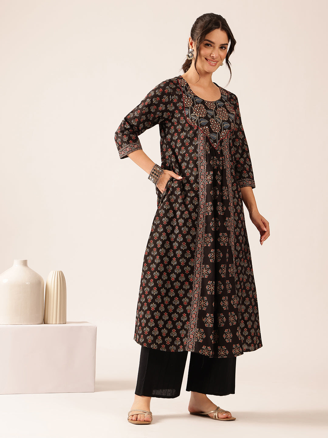 Black Floral A-Line Cotton Stitched Kurta
