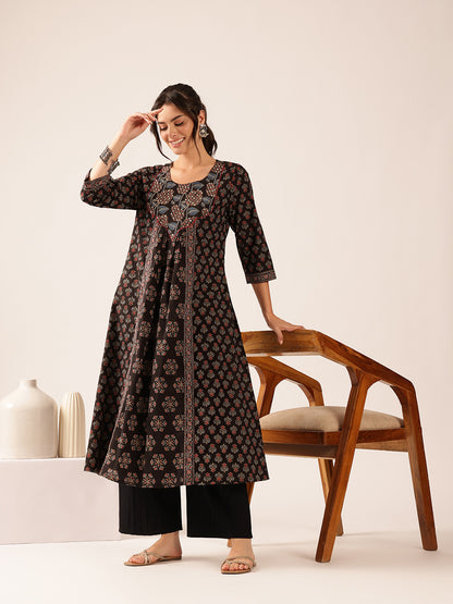 Black Floral A-Line Cotton Stitched Kurta
