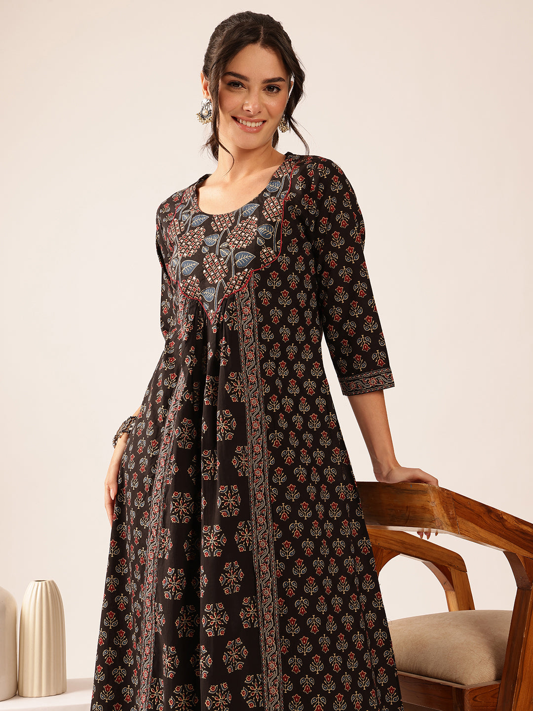 Black Floral A-Line Cotton Stitched Kurta