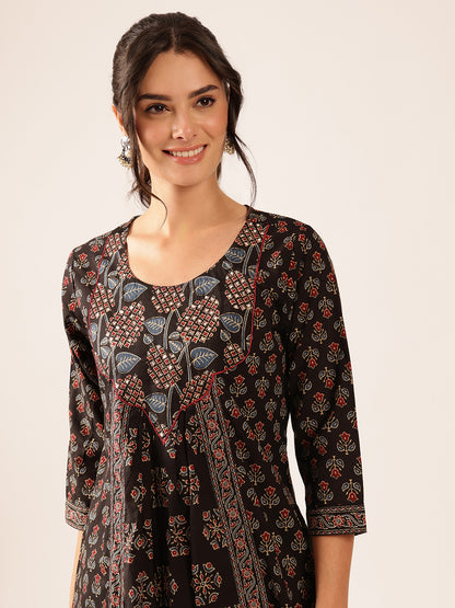 Black Floral A-Line Cotton Stitched Kurta