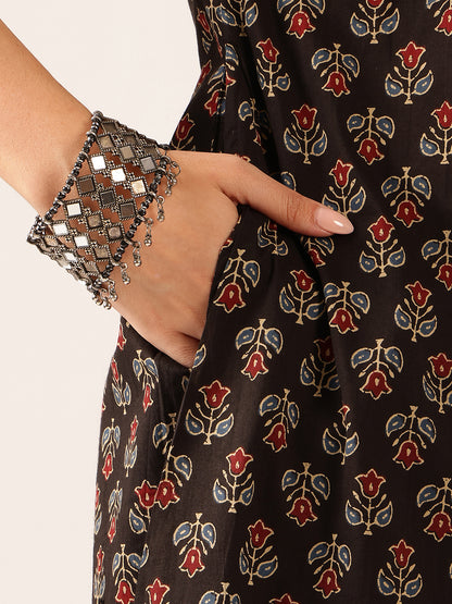 Black Floral A-Line Cotton Stitched Kurta