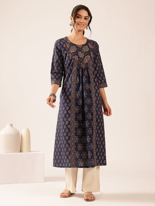 Blue Floral A-Line Cotton Stitched Kurta
