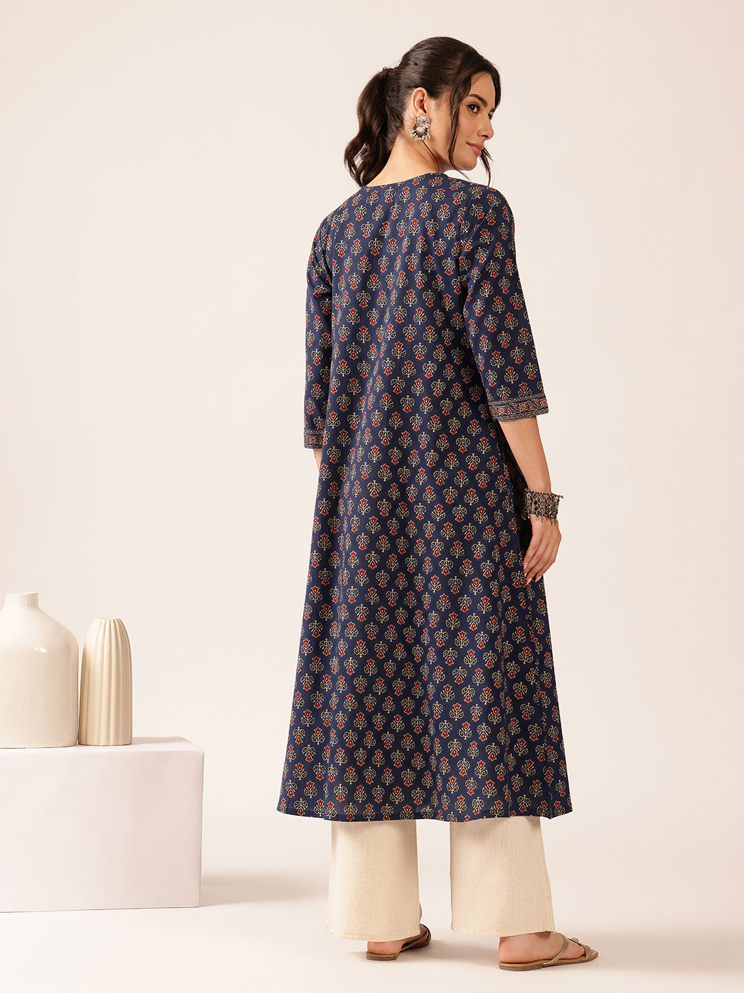 Blue Floral A-Line Cotton Stitched Kurta