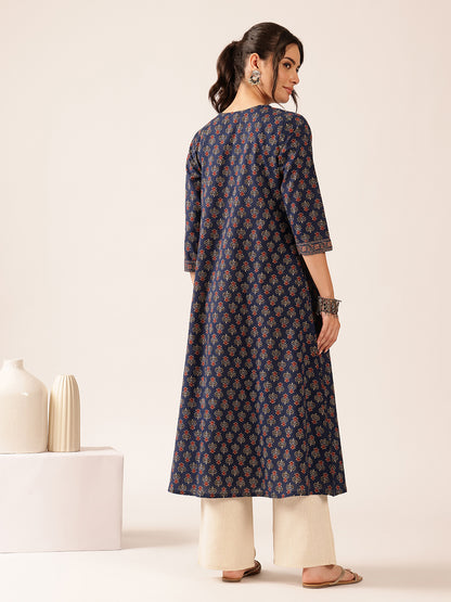 Blue Floral A-Line Cotton Stitched Kurta