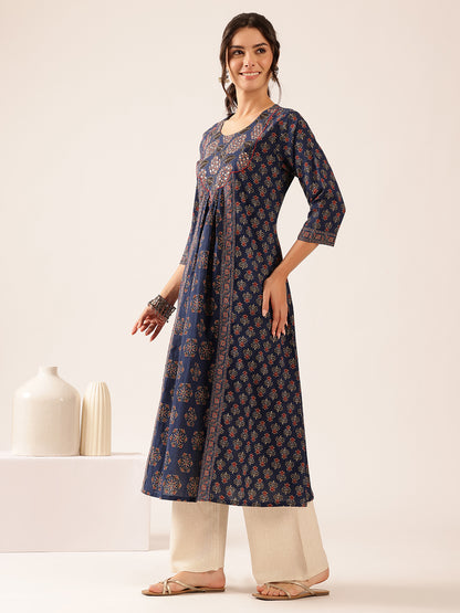Blue Floral A-Line Cotton Stitched Kurta