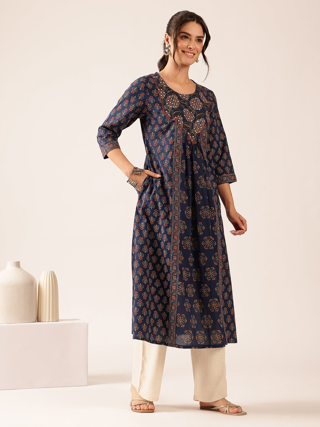 Blue Floral A-Line Cotton Stitched Kurta