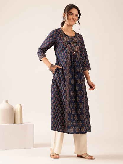 Blue Floral A-Line Cotton Stitched Kurta