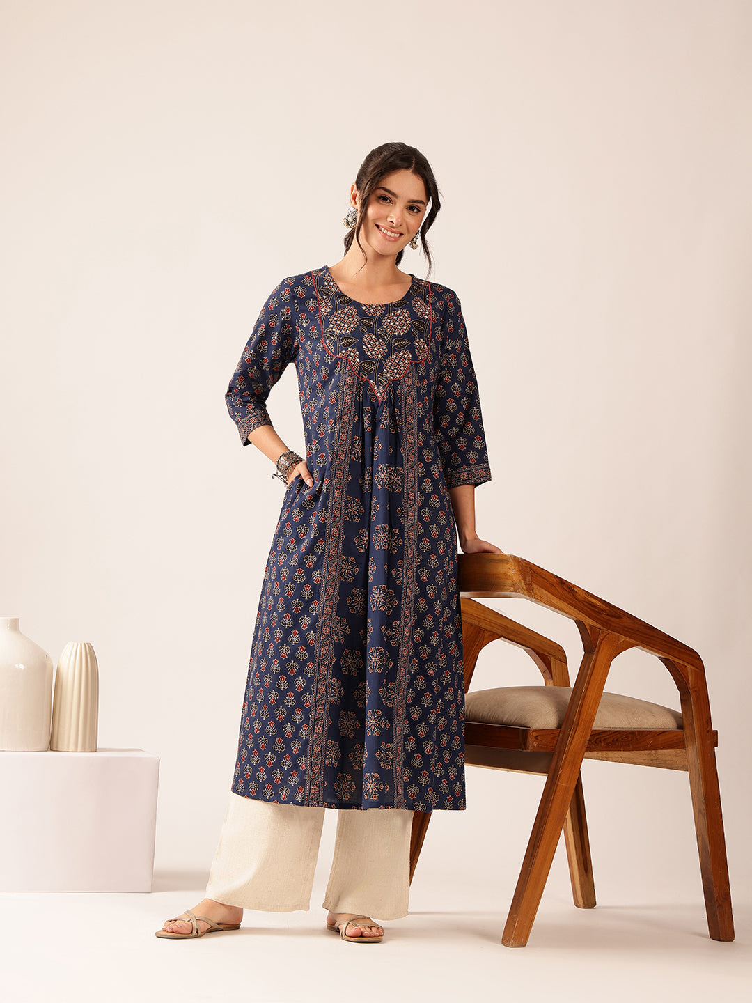 Blue Floral A-Line Cotton Stitched Kurta