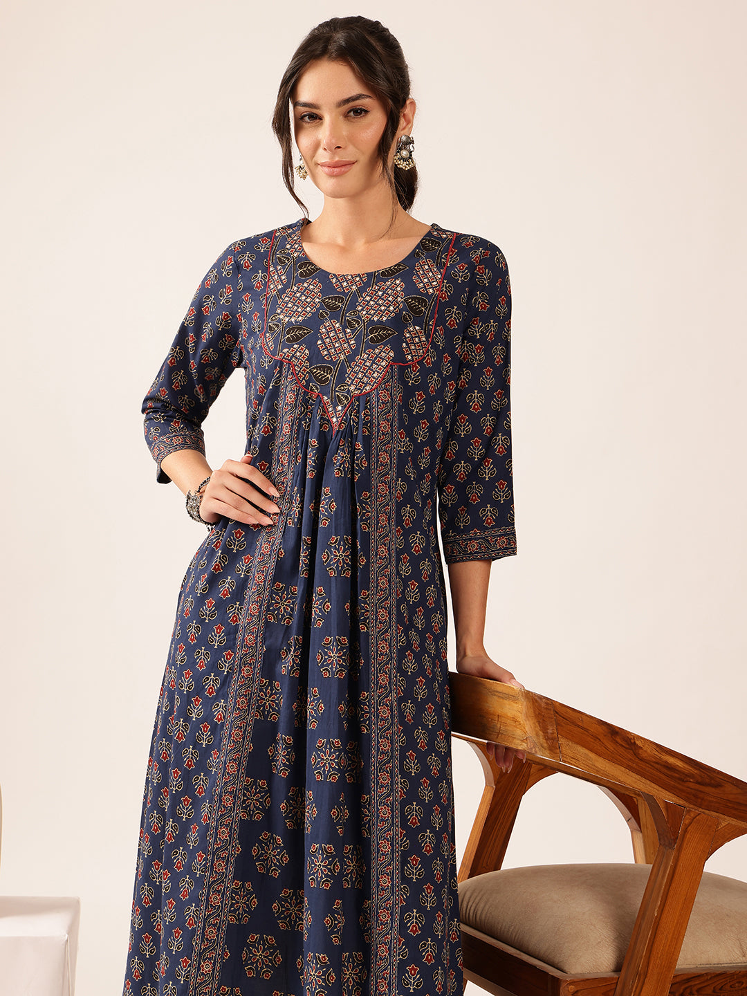 Blue Floral A-Line Cotton Stitched Kurta