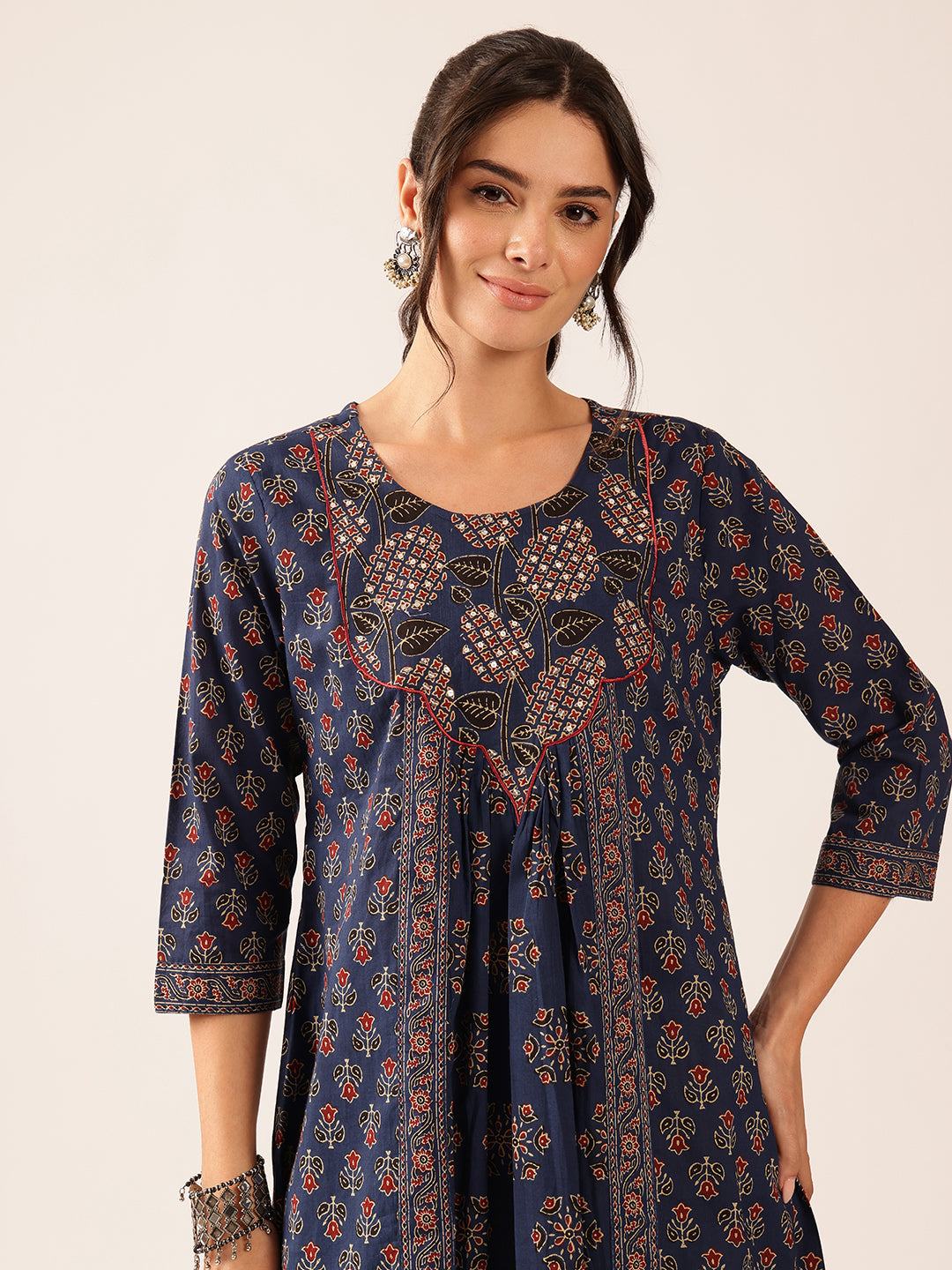 Blue Floral A-Line Cotton Stitched Kurta