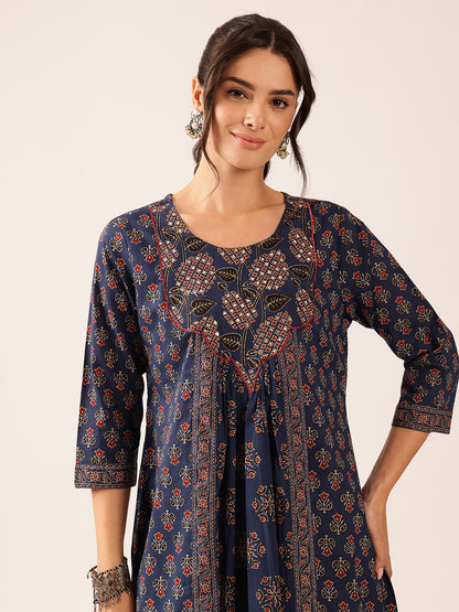 Blue Floral A-Line Cotton Stitched Kurta