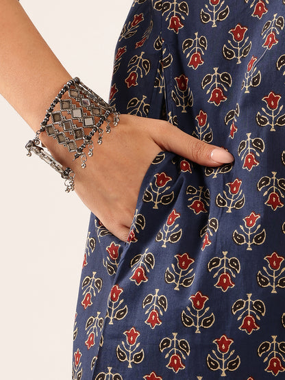 Blue Floral A-Line Cotton Stitched Kurta