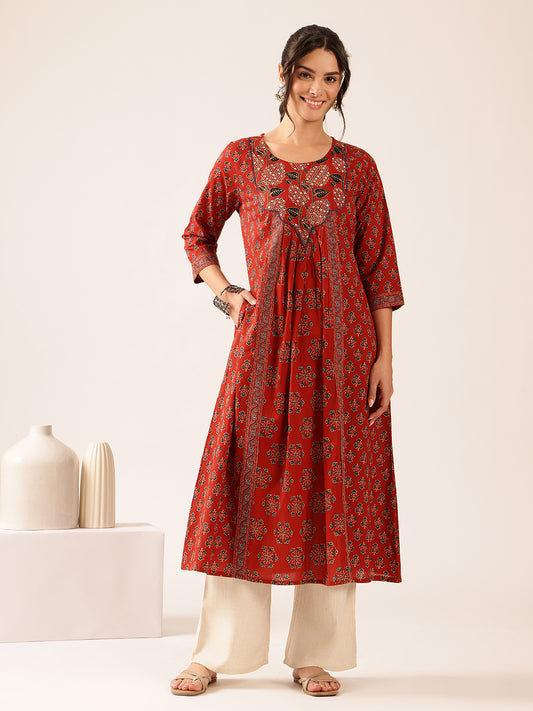 Maroon Floral A-Line Cotton Stitched Kurta