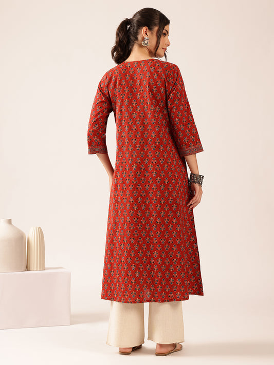 Maroon Floral A-Line Cotton Stitched Kurta