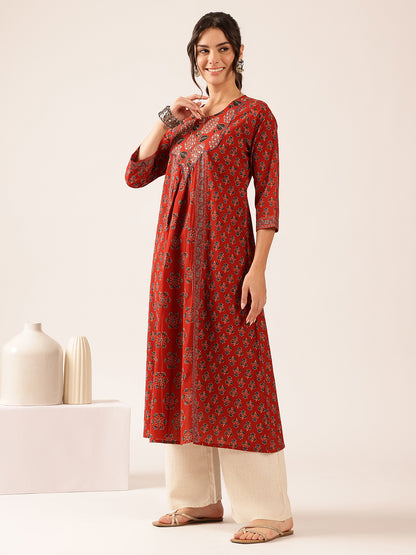 Maroon Floral A-Line Cotton Stitched Kurta