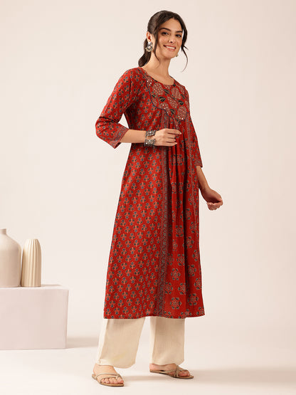 Maroon Floral A-Line Cotton Stitched Kurta