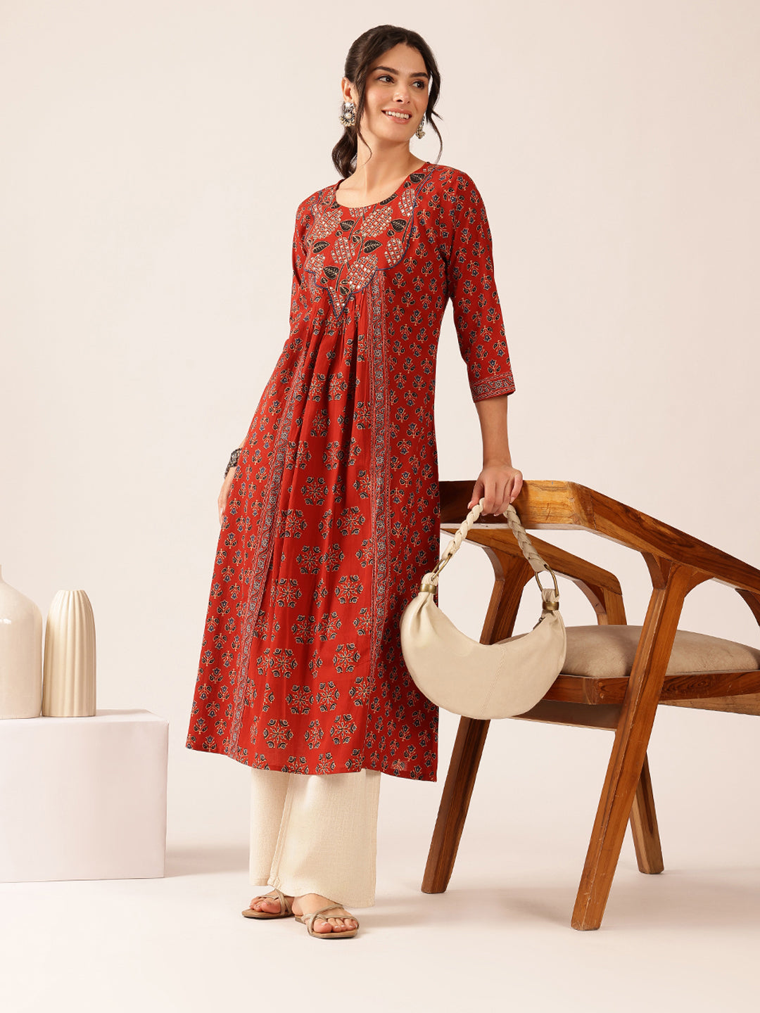Maroon Floral A-Line Cotton Stitched Kurta