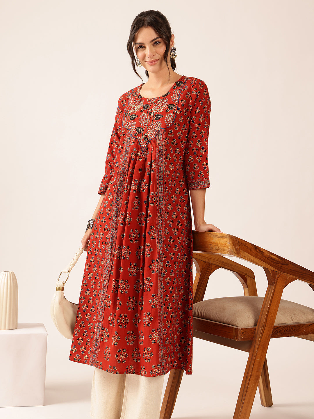 Maroon Floral A-Line Cotton Stitched Kurta