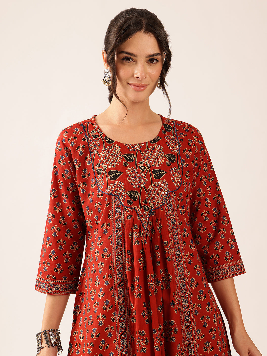 Maroon Floral A-Line Cotton Stitched Kurta