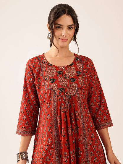 Maroon Floral A-Line Cotton Stitched Kurta