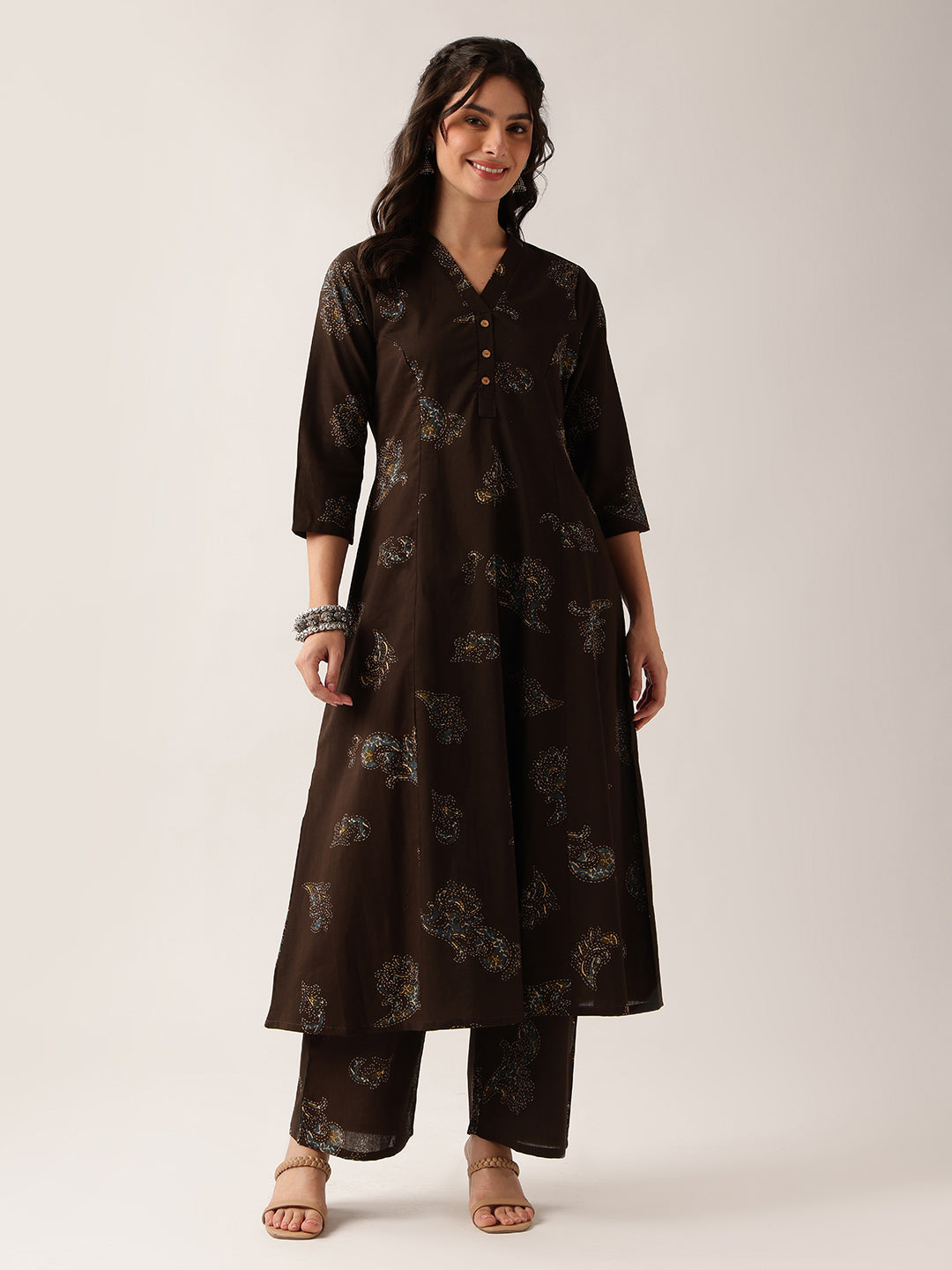 Brown Floral A-Line Cotton Kurta With Pant