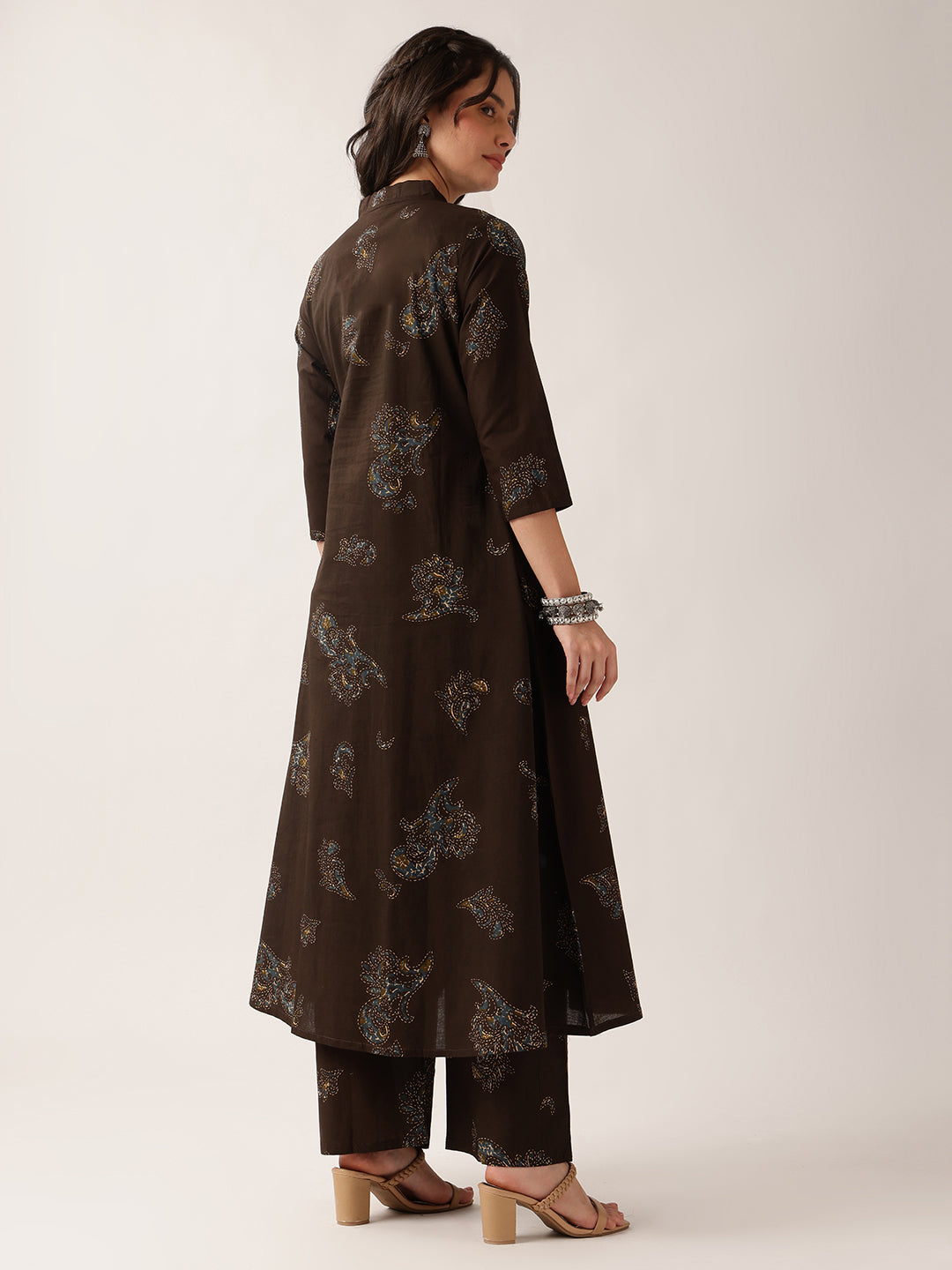 Brown Floral A-Line Cotton Kurta With Pant