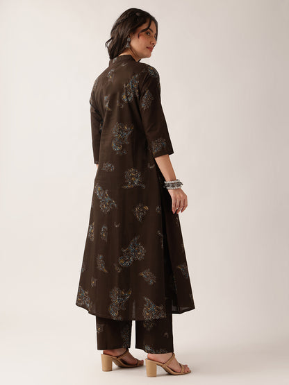 Brown Floral A-Line Cotton Kurta With Pant