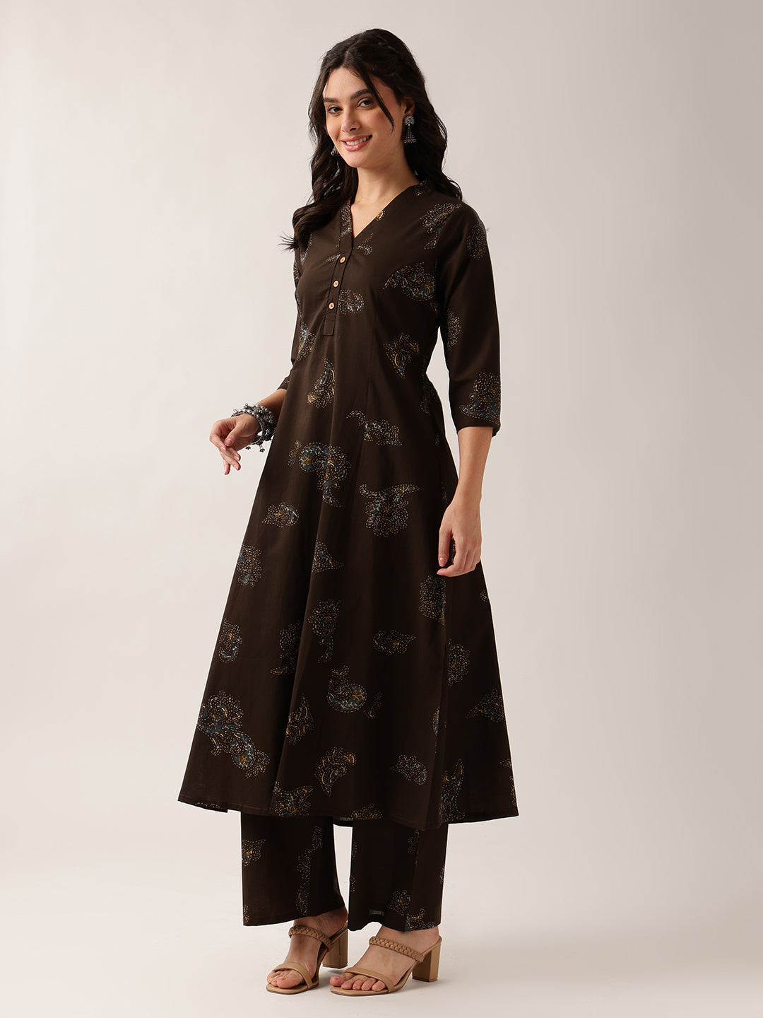 Brown Floral A-Line Cotton Kurta With Pant