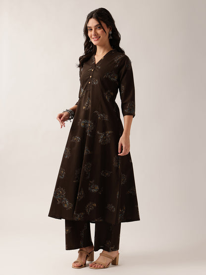 Brown Floral A-Line Cotton Kurta With Pant