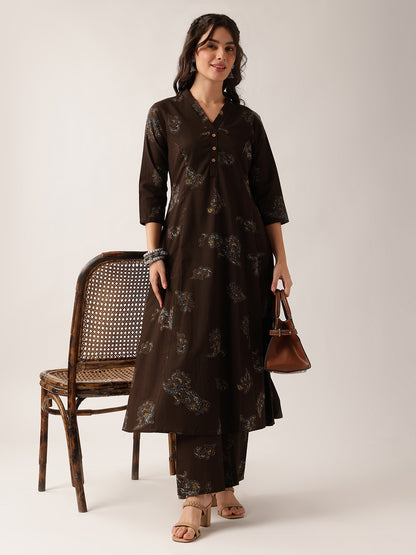 Brown Floral A-Line Cotton Kurta With Pant