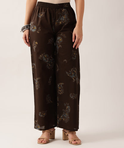 Brown Floral A-Line Cotton Kurta With Pant