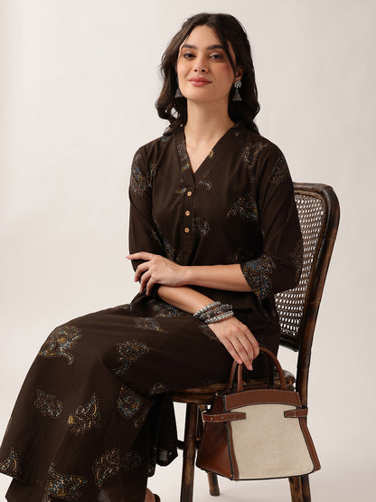 Brown Floral A-Line Cotton Kurta With Pant