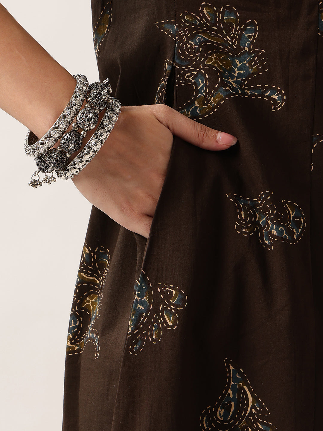 Brown Floral A-Line Cotton Kurta With Pant