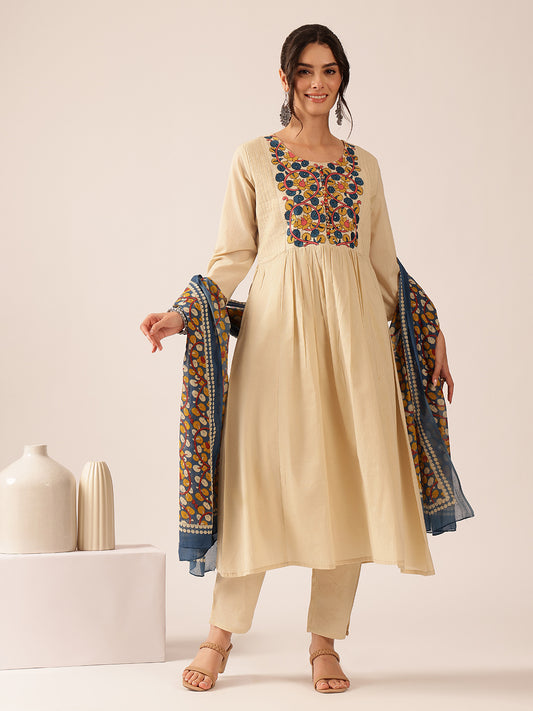Cream Yoke Design A-Line Mul Cotton Kurta Set