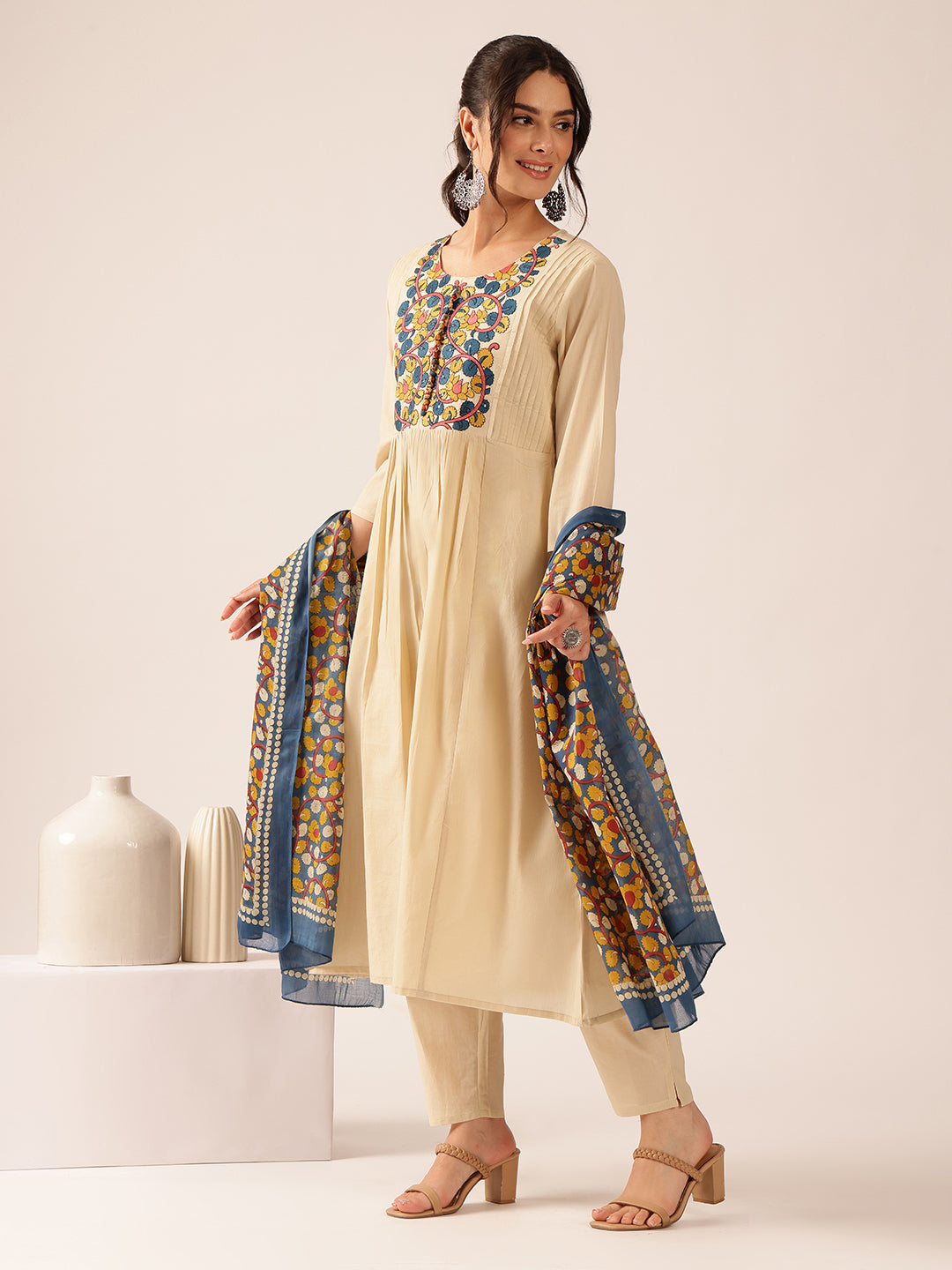 Cream Yoke Design A-Line Mul Cotton Kurta Set