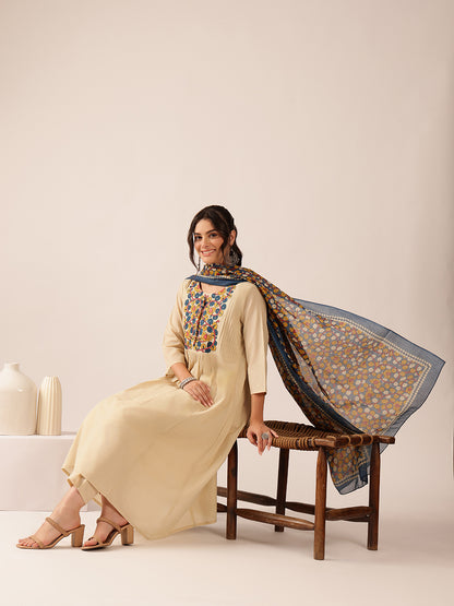 Cream Yoke Design A-Line Mul Cotton Kurta Set
