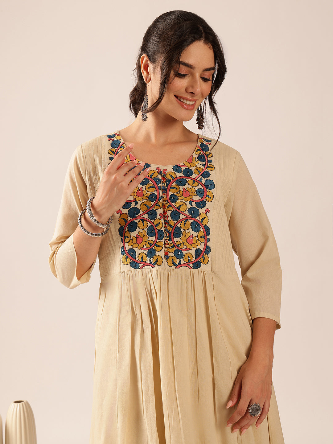 Cream Yoke Design A-Line Mul Cotton Kurta Set