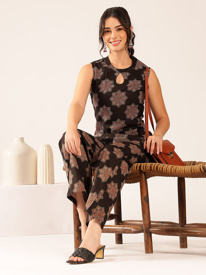 Black Floral Straight Cotton Stitched Co-Ord Set