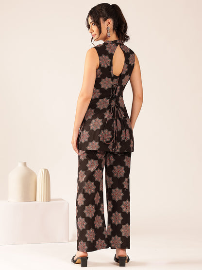 Black Floral Straight Cotton Stitched Co-Ord Set