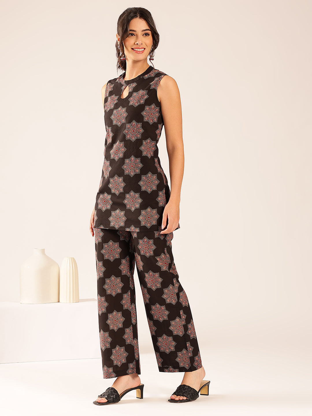 Black Floral Straight Cotton Stitched Co-Ord Set