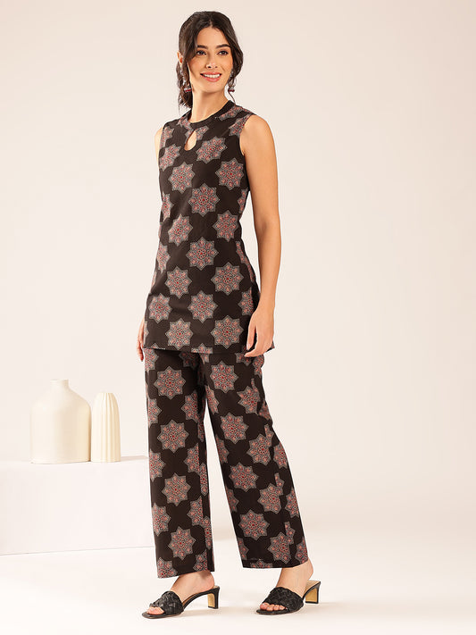 Black Floral Straight Cotton Stitched Co-Ord Set