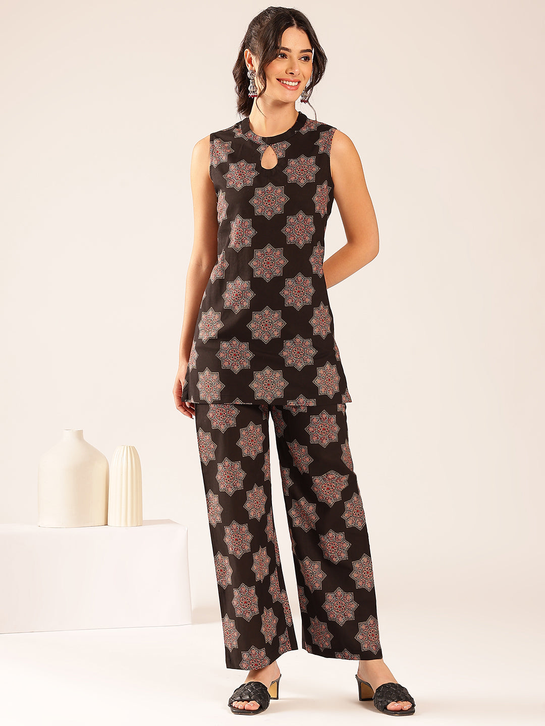Black Floral Straight Cotton Stitched Co-Ord Set