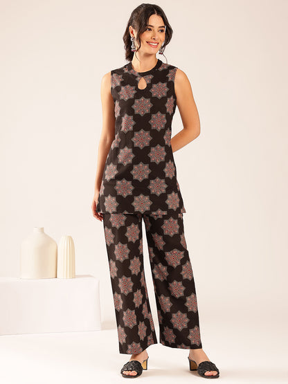 Black Floral Straight Cotton Stitched Co-Ord Set